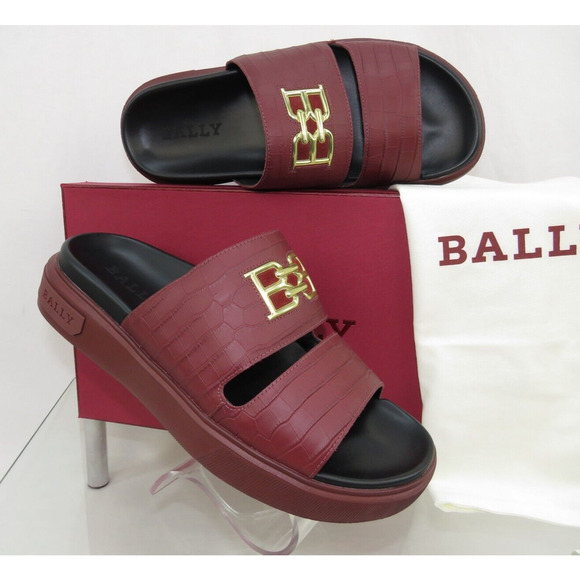 NIB BALLY JYM MAROON CROC PRINT LEATHER B CHAIN GOLD LOGO SANDALS SLIDES 9 D main image 10
